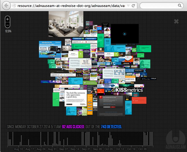 Screenshot of AdNauseam's Ad Vault page, showing all the ads that have been clicked
